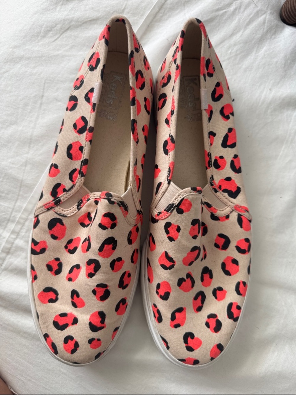 Keds Women’s Slip-On Sneakers - Beige with Neon Orange & Black Leopard Print